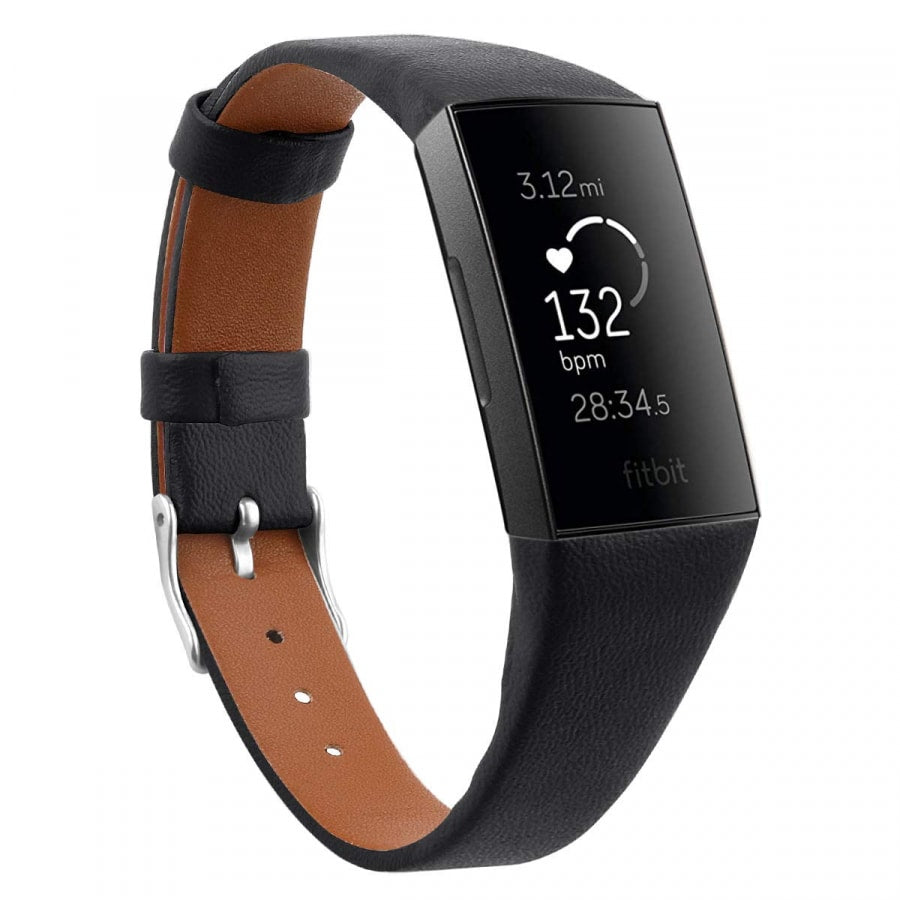 Fitbit Charge 3/4 black genuine leather strap - Fabulously